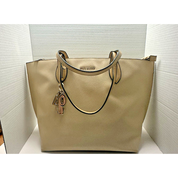 Steve Madden Beige Saffiano Tote Shoulder Bag Purse Zip Top Large w/ Charm - Picture 1 of 9